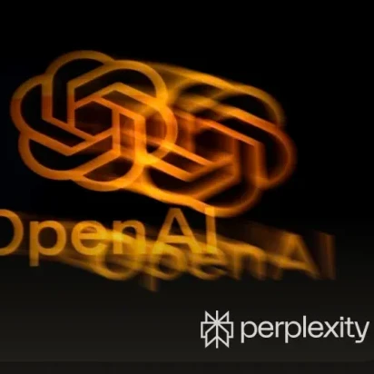 Perplexityのニュース画像（残像つきの赤いOpenAIロゴ）